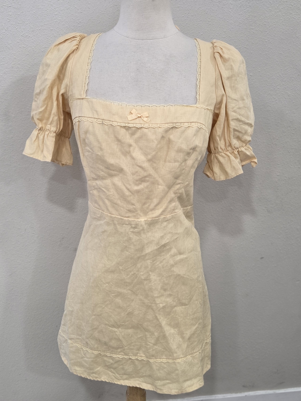 Reformation Evianna Puff Sleeve Mini Dress Pale Yellow Linen